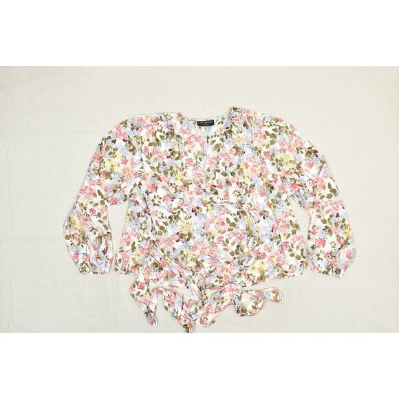 Lane Bryant Blouse Womens 2X Floral Long Sleeve Tie Waist Top Pink Yellow Green - Picture 1 of 8